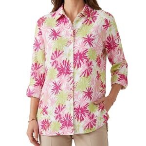 Kim Rogers Women's Size Large Pink Green Linen Tropical Floral Button Up Shirt